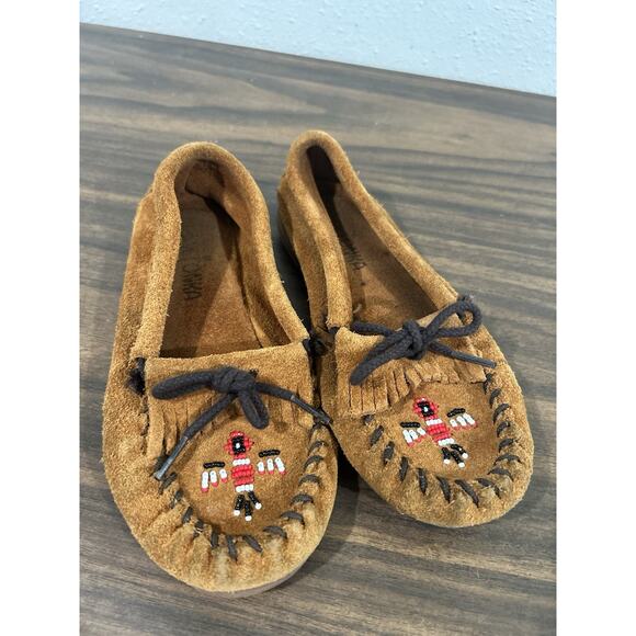 Minnetonka Moccasin Suede Leather Beaded Thunderbird Design Youth Girls Size 1 - Picture 1 of 8